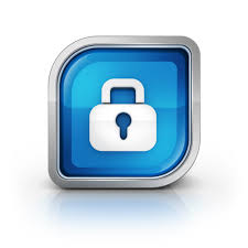 a lock surrounded by a blue polygon with rounded corners on the top left and bottom right